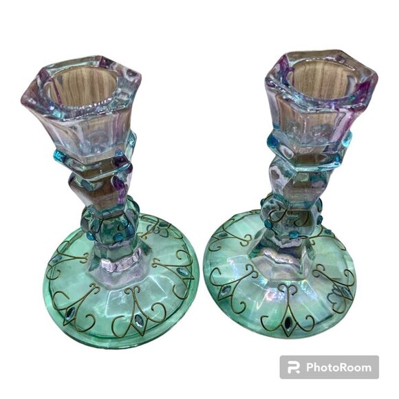 PartyLite "Mardi Gras" Iridescent Glass Jewel Gold Trim Candle Holder - Retired - Picture 4 of 5